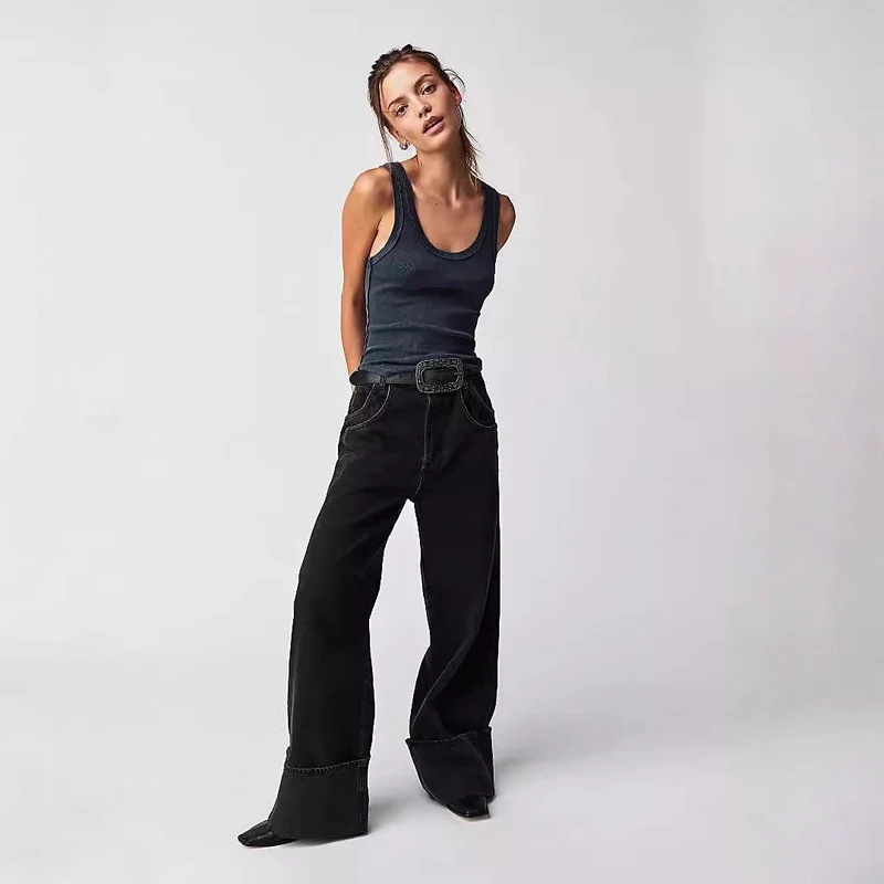 Damen Weite Jeans mit umgeschlagenem Saum