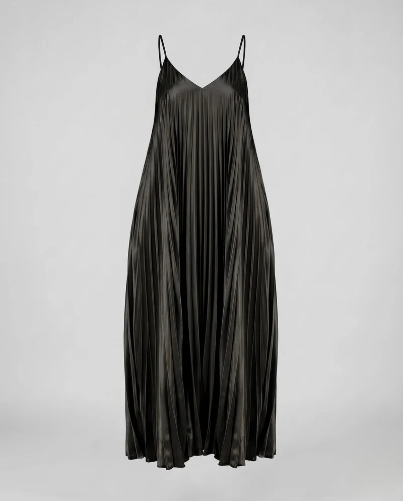 Damen Satin-Maxikleid Doppelspaghettiträger V-Ausschnitt Seitentaschen