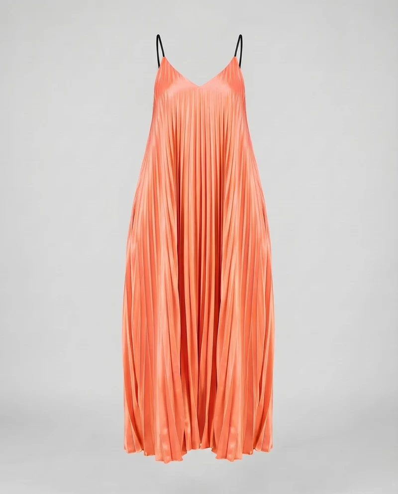Damen Satin-Maxikleid Doppelspaghettiträger V-Ausschnitt Seitentaschen