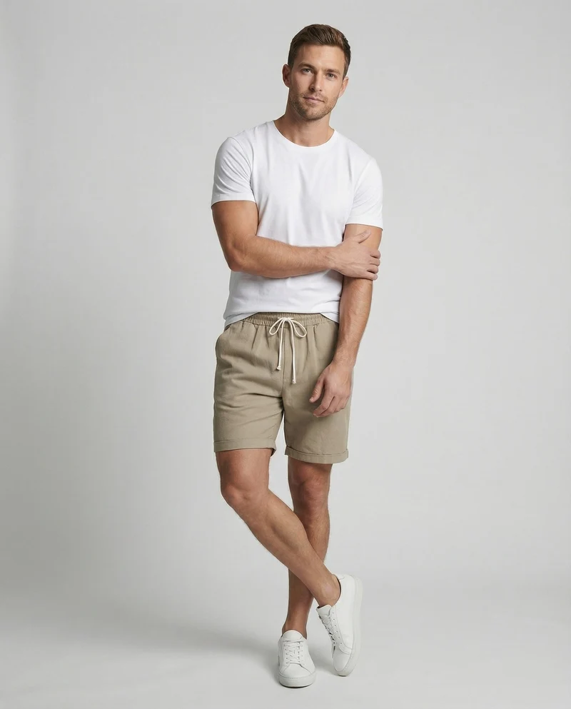 Herren Leinenoptik-Shorts Gekrempelter Saum