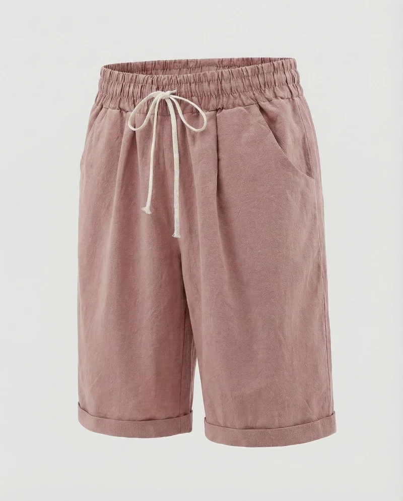 Herren Leinenoptik-Shorts Gekrempelter Saum