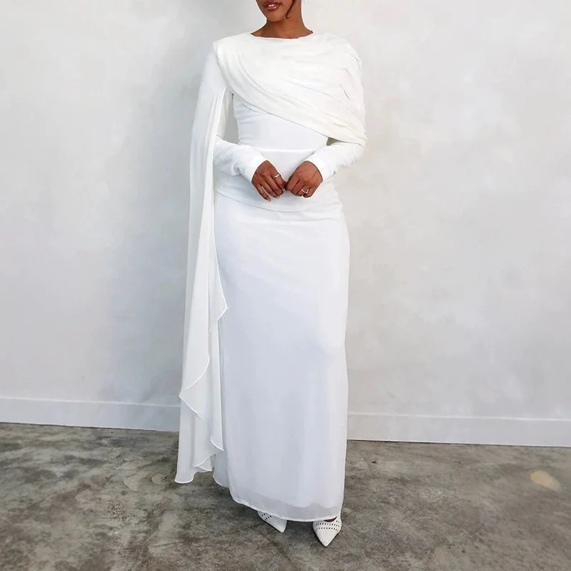Damen Glamouröses Langarmkleid mit drapiertem Oberteil und fließendem Schnitt