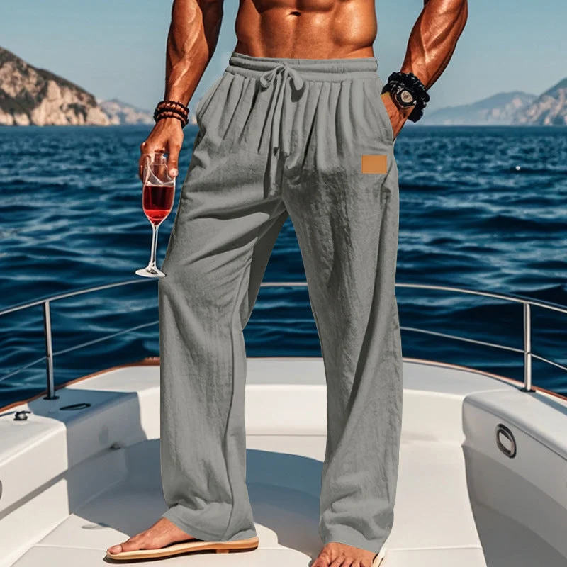 Herren nan maritime Leinen-Freizeithose mit weitem Bein elastischem Tunnelzugbund und Eingrifftaschen