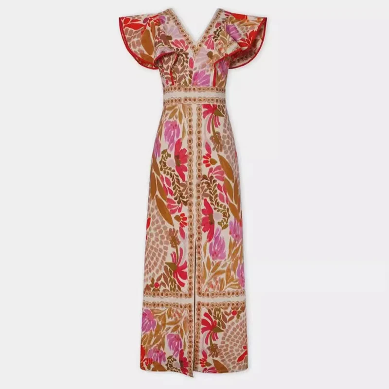 Damen Maxikleid mit farbenfrohem floralem Muster und Volantärmel