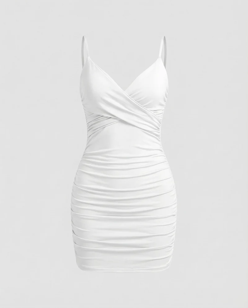 Damen nan figurbetontes Wickel-Minikleid mit V-Ausschnitt, integrierten Soft-Cups, verstellbaren Spaghettiträgern und seitlicher Raffung