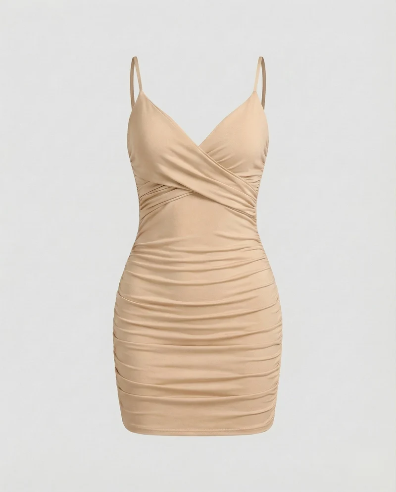 Damen nan figurbetontes Wickel-Minikleid mit V-Ausschnitt, integrierten Soft-Cups, verstellbaren Spaghettiträgern und seitlicher Raffung