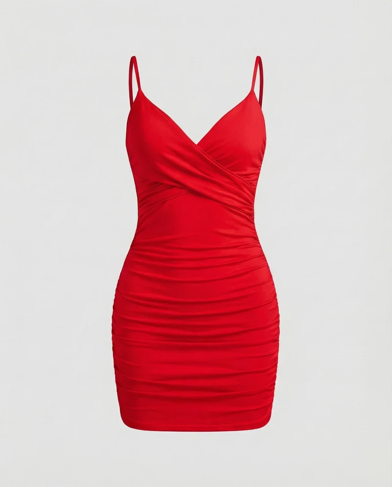 Damen nan figurbetontes Wickel-Minikleid mit V-Ausschnitt, integrierten Soft-Cups, verstellbaren Spaghettiträgern und seitlicher Raffung