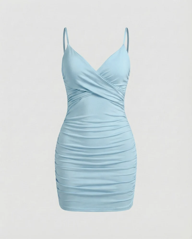 Damen nan figurbetontes Wickel-Minikleid mit V-Ausschnitt, integrierten Soft-Cups, verstellbaren Spaghettiträgern und seitlicher Raffung