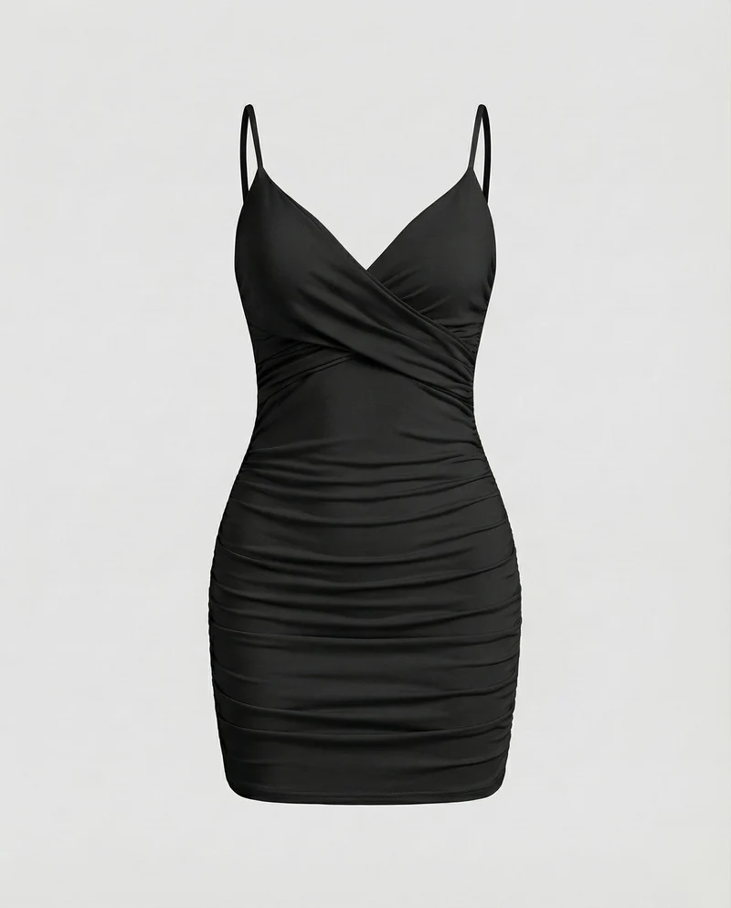 Damen nan figurbetontes Wickel-Minikleid mit V-Ausschnitt, integrierten Soft-Cups, verstellbaren Spaghettiträgern und seitlicher Raffung