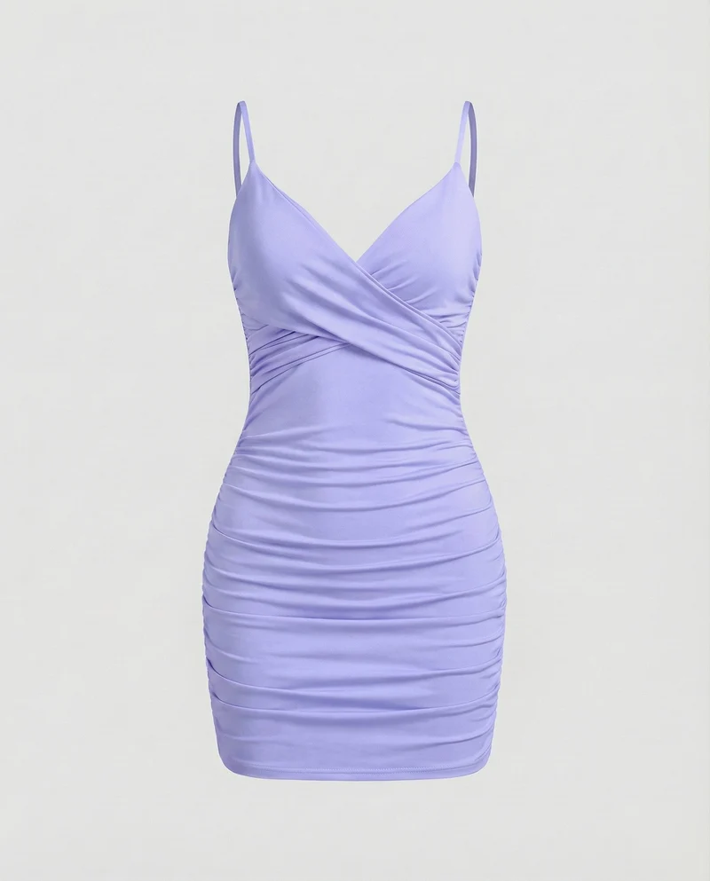 Damen nan figurbetontes Wickel-Minikleid mit V-Ausschnitt, integrierten Soft-Cups, verstellbaren Spaghettiträgern und seitlicher Raffung