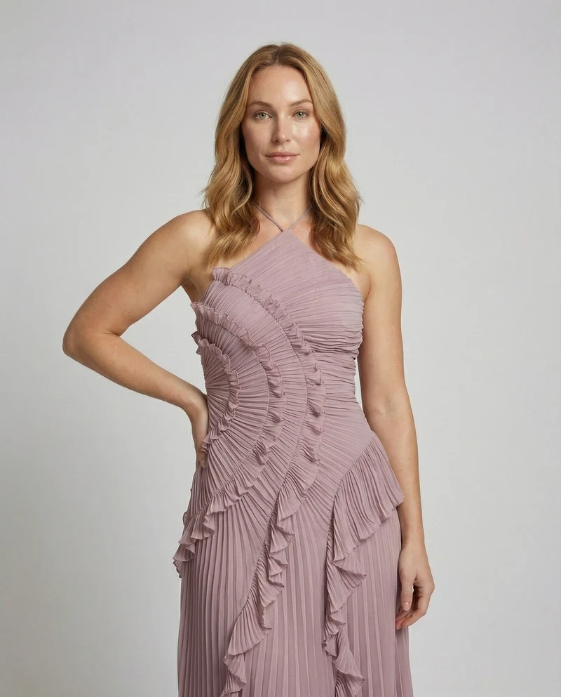 Damen Plissierte Halterkragen Maxikleid