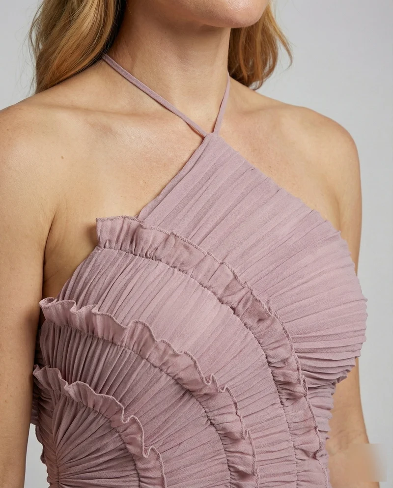 Damen Plissierte Halterkragen Maxikleid
