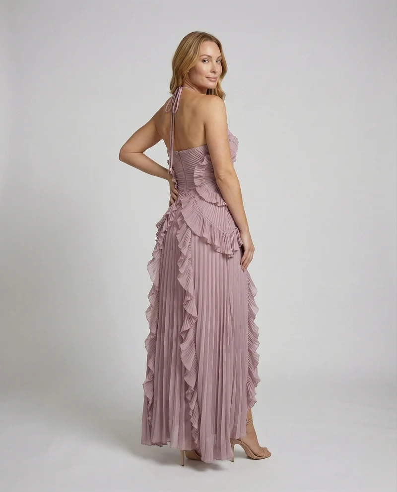 Damen Plissierte Halterkragen Maxikleid