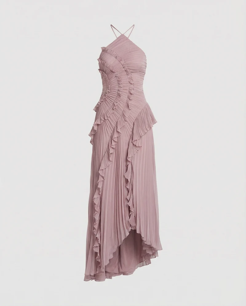 Damen Plissierte Halterkragen Maxikleid