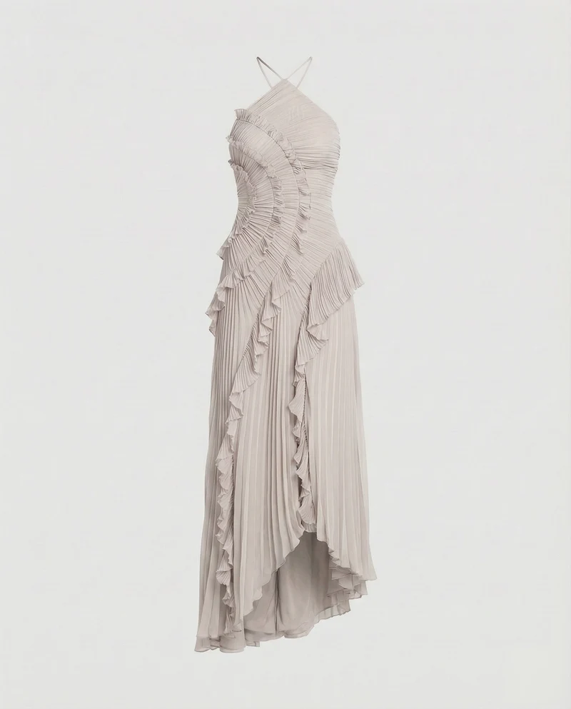 Damen Plissierte Halterkragen Maxikleid