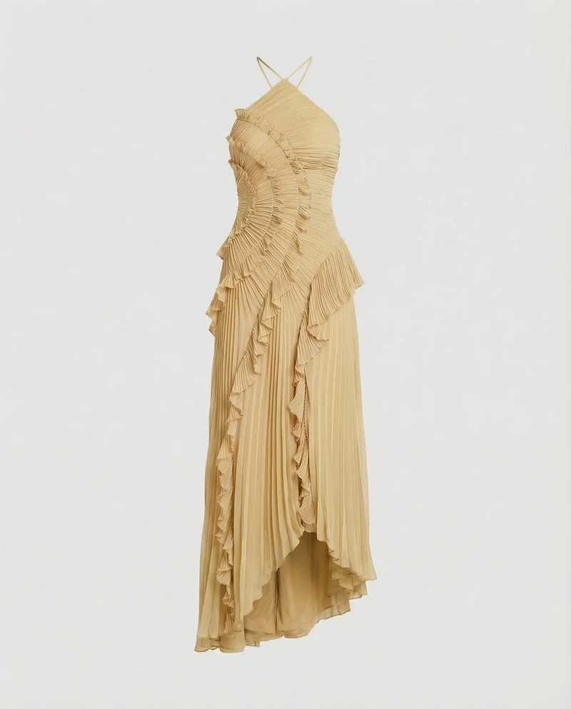 Damen Plissierte Halterkragen Maxikleid