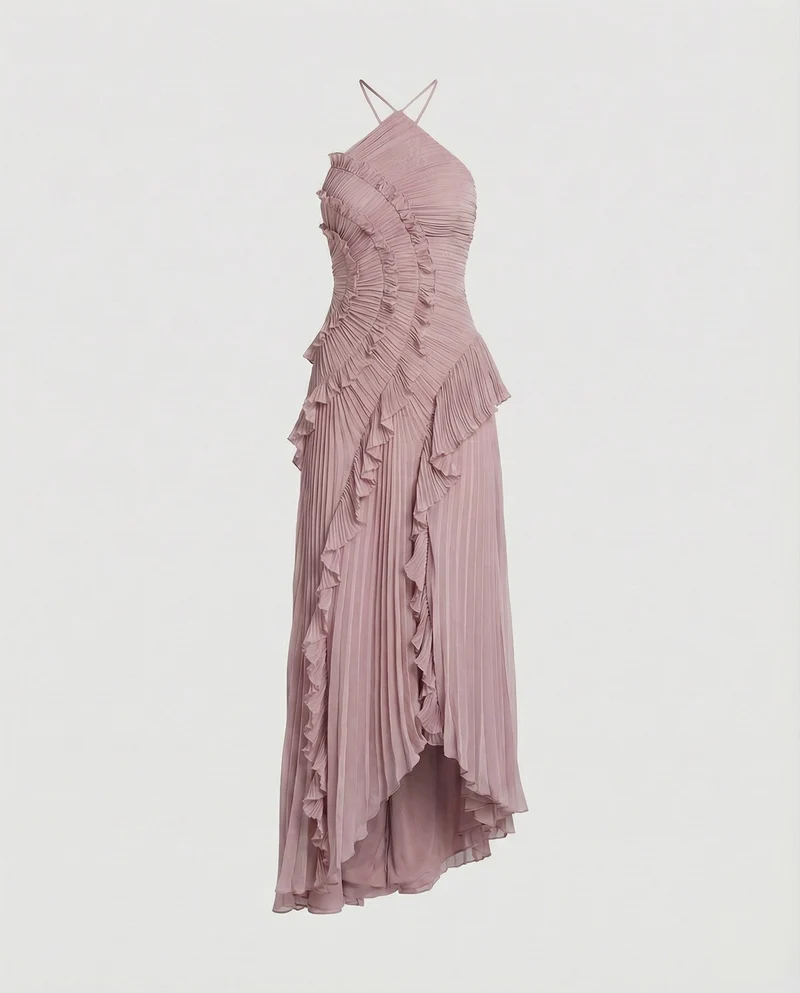 Damen Plissierte Halterkragen Maxikleid
