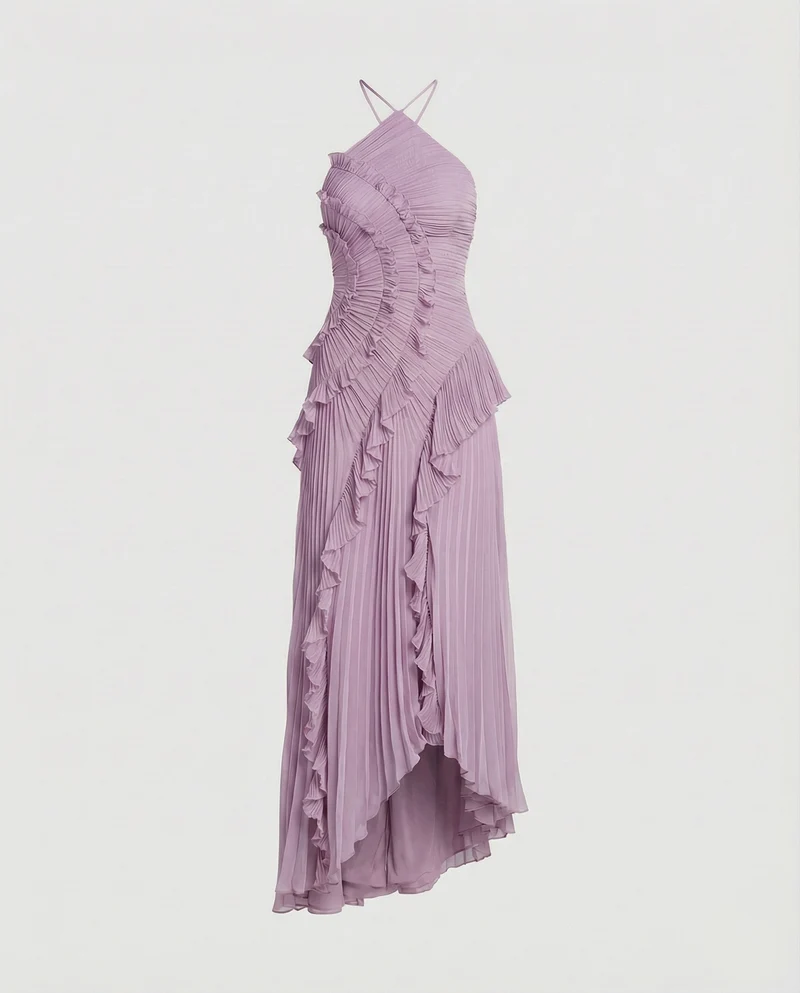 Damen Plissierte Halterkragen Maxikleid