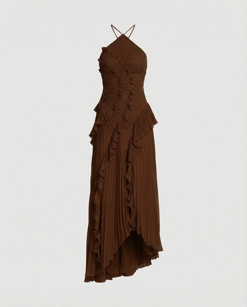 Damen Plissierte Halterkragen Maxikleid