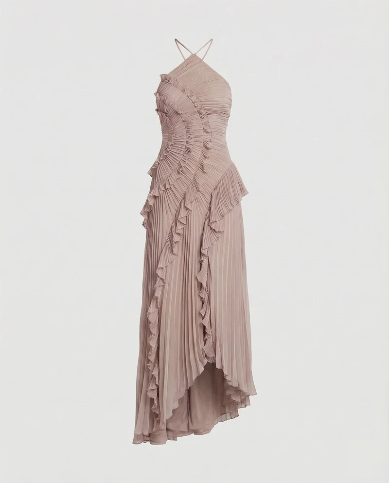 Damen Plissierte Halterkragen Maxikleid