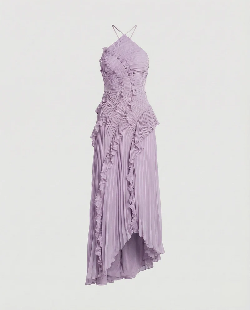Damen Plissierte Halterkragen Maxikleid