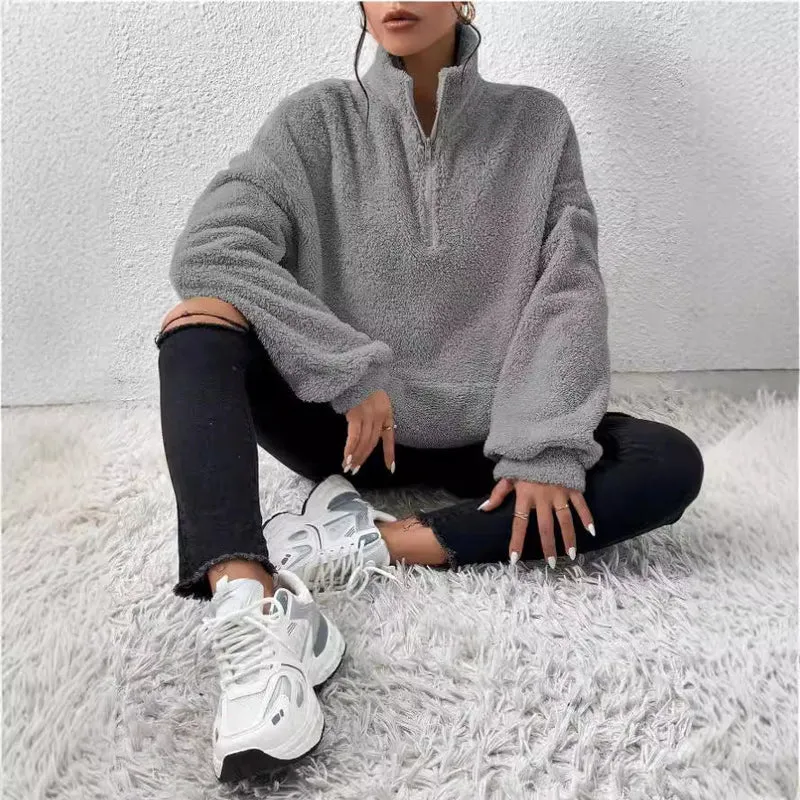 Damen Kuscheliger Fleece-Pullover mit Stehkragen und Eingrifftaschen