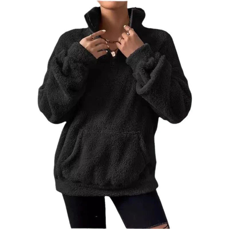 Damen Kuscheliger Fleece-Pullover mit Stehkragen und Eingrifftaschen