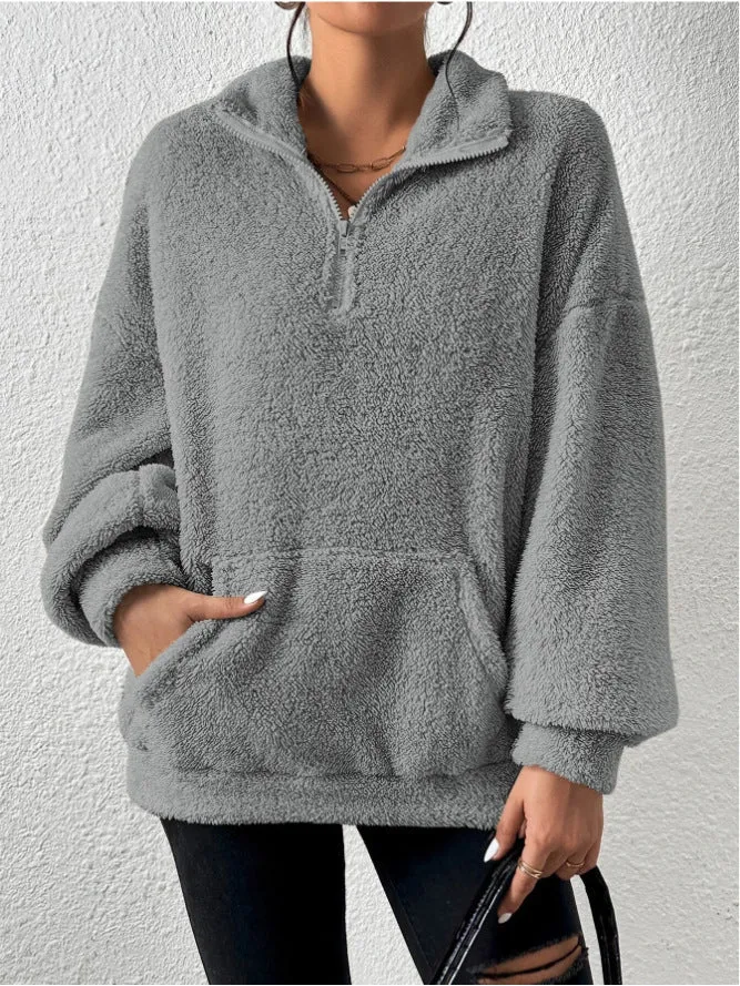 Damen Kuscheliger Fleece-Pullover mit Stehkragen und Eingrifftaschen