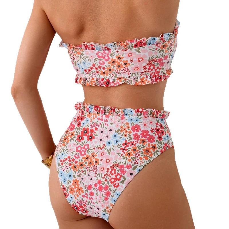 Damen Bandeau-Bikini mit floralem Rüschendesign