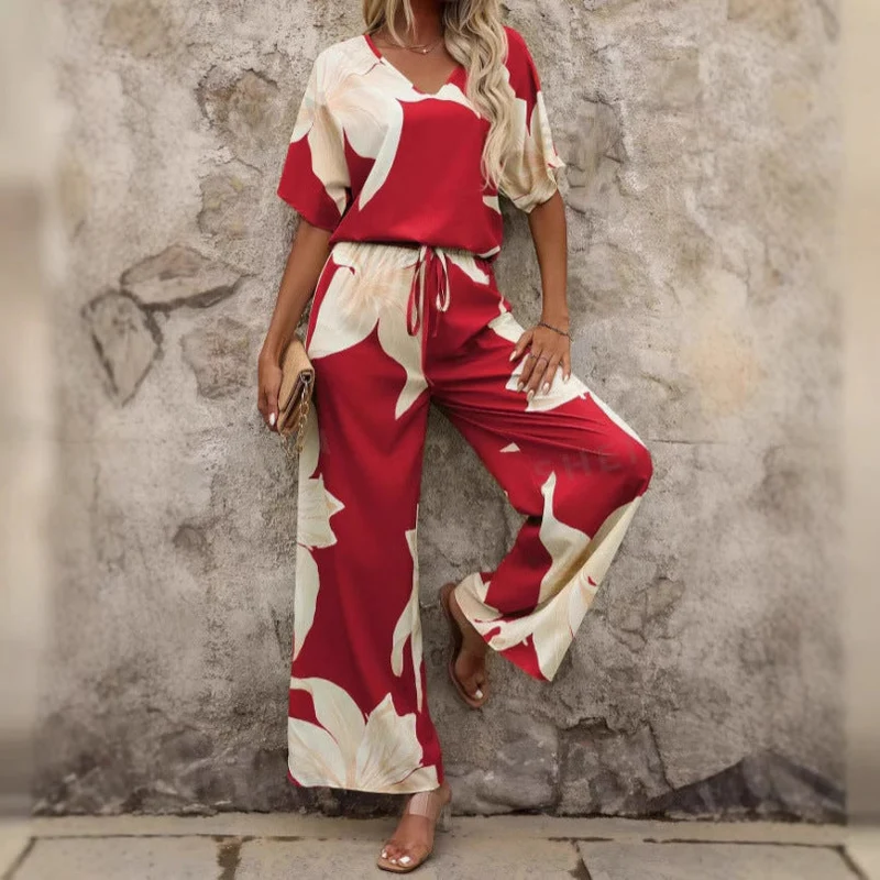 Damen luftiger Hosenanzug mit floralem Print und elastischem Bund