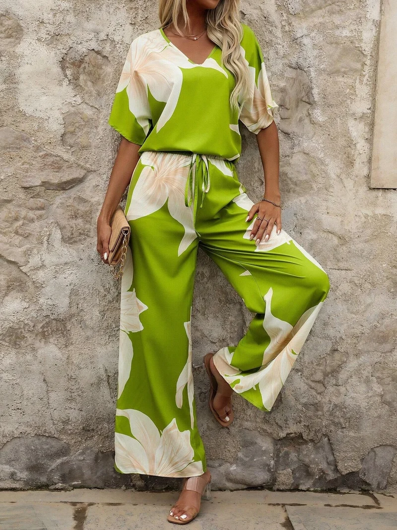 Damen luftiger Hosenanzug mit floralem Print und elastischem Bund