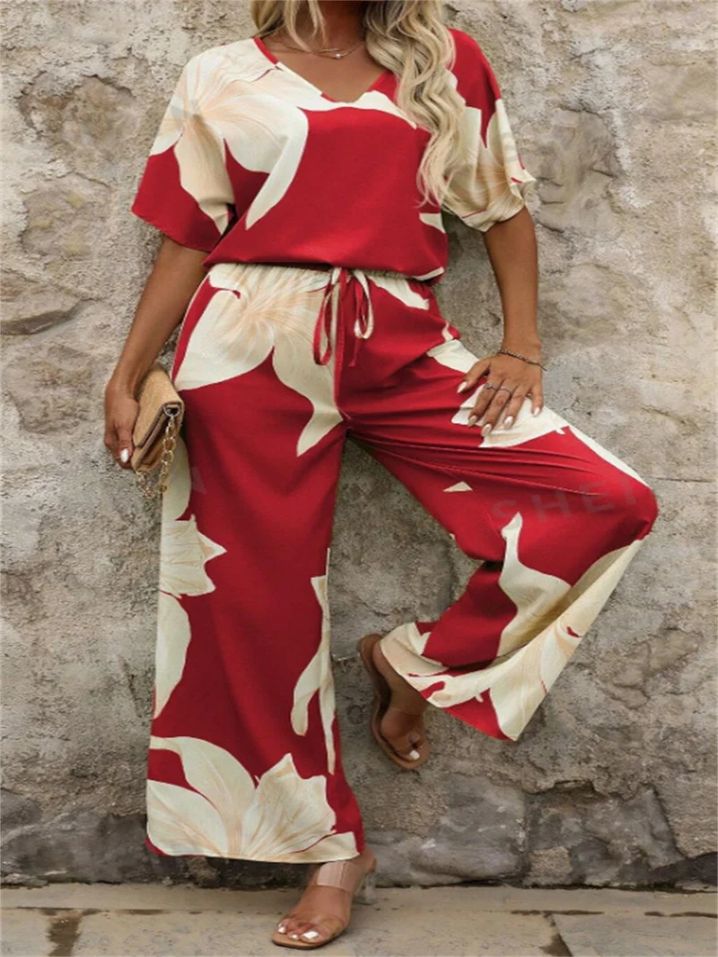 Damen luftiger Hosenanzug mit floralem Print und elastischem Bund
