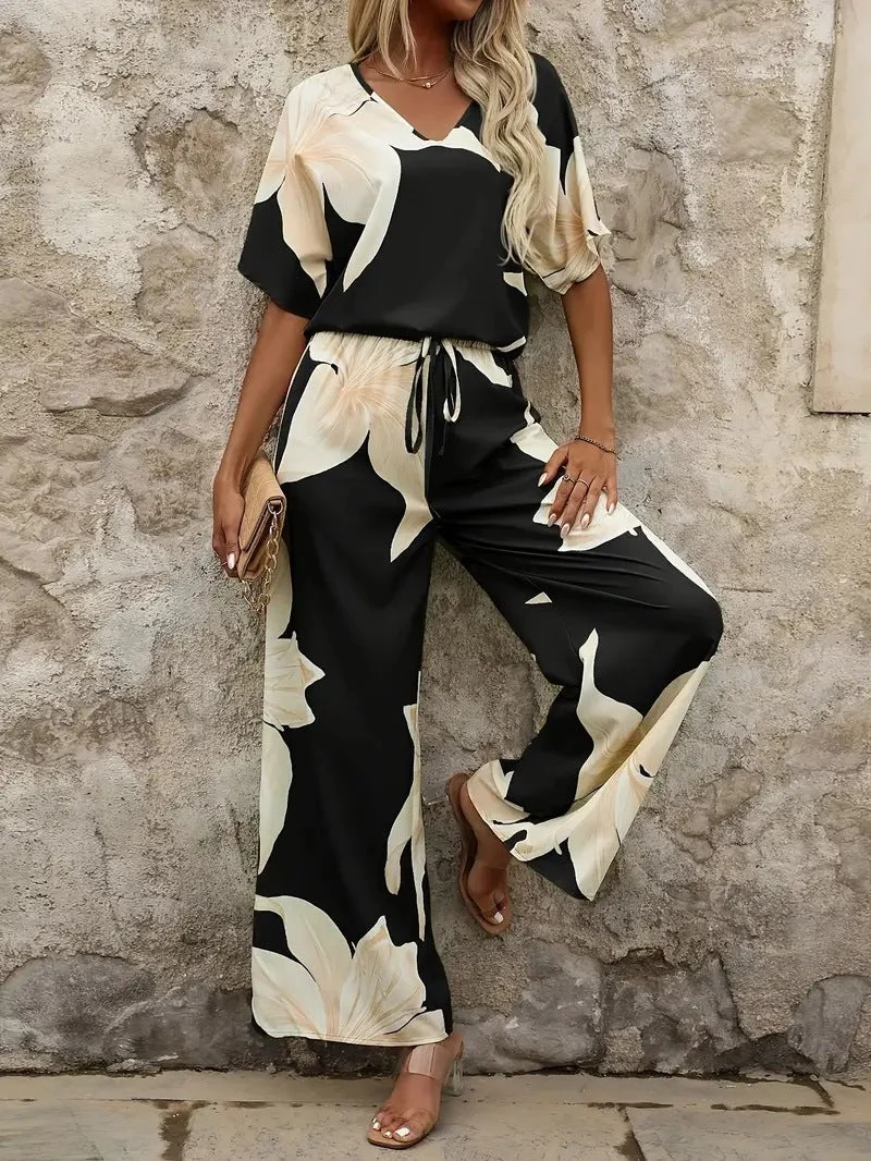 Damen luftiger Hosenanzug mit floralem Print und elastischem Bund