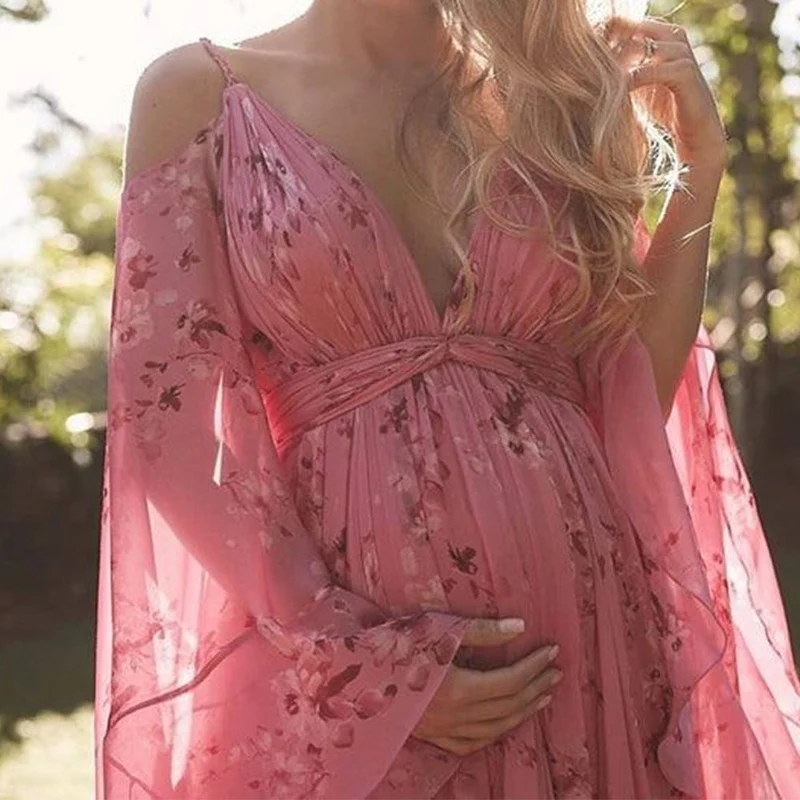 Damen Luftiges Maxi-Kleid mit floralen Akzenten und schwingenden Ärmeln