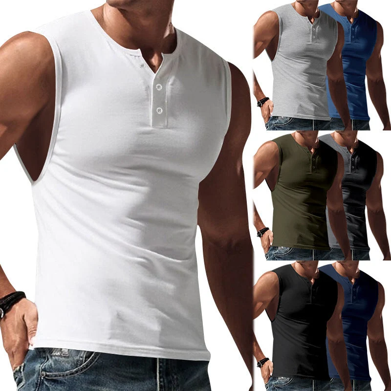 Herren nan ärmelloses Muskelshirt mit Henley-Knopfleiste, tiefem Armausschnitt und elastischem Baumwollmix