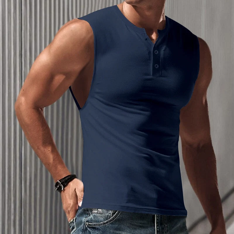 Herren nan ärmelloses Muskelshirt mit Henley-Knopfleiste, tiefem Armausschnitt und elastischem Baumwollmix