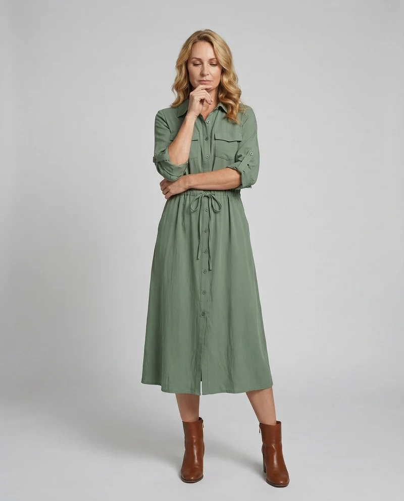 Damen Hemdblusenkleid mit Kordelzug