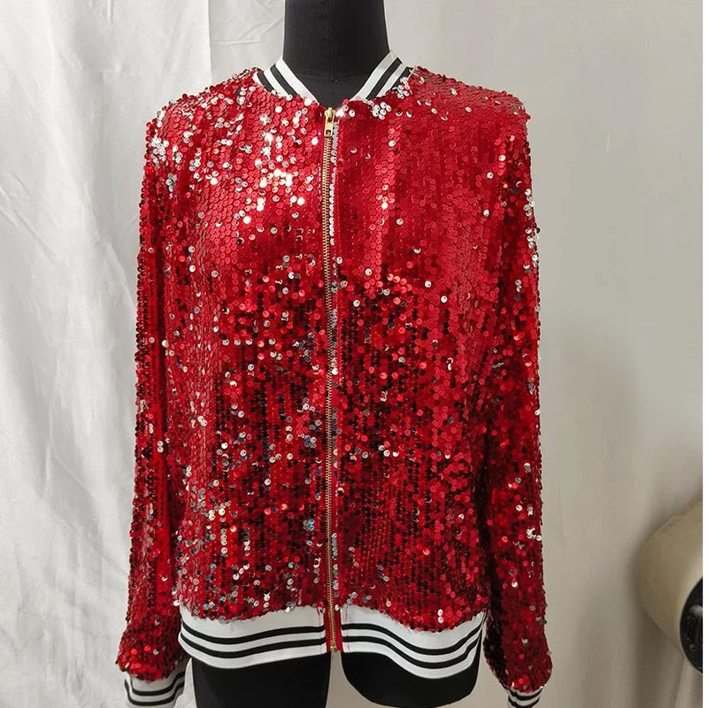 Damen Glamouröse Pailletten Bomberjacke