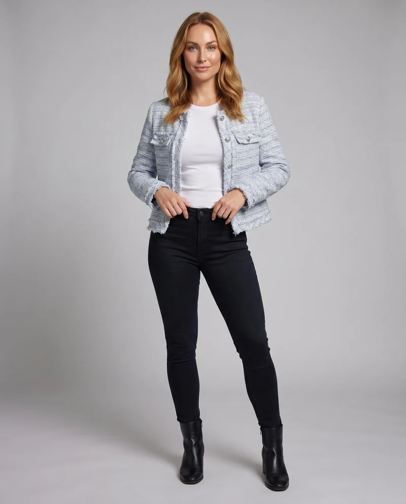 Damen Kurze Tweedjacke mit eleganten Knopfdetails und praktischen Taschen