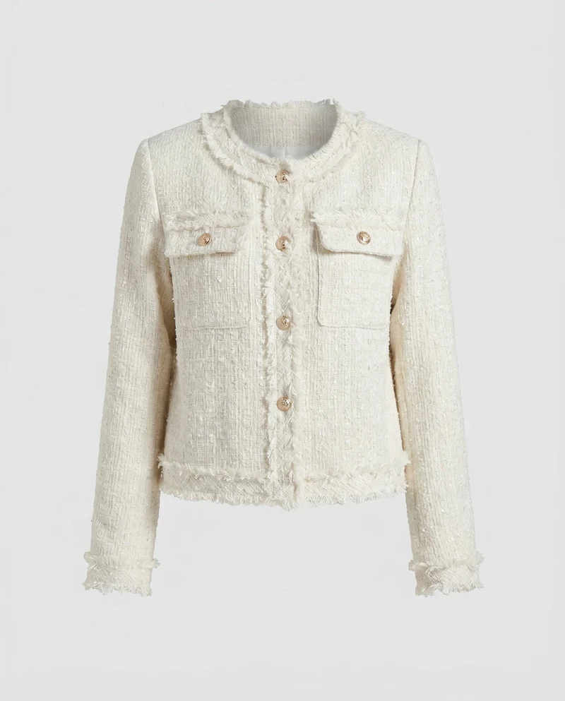 Damen Kurze Tweedjacke mit eleganten Knopfdetails und praktischen Taschen