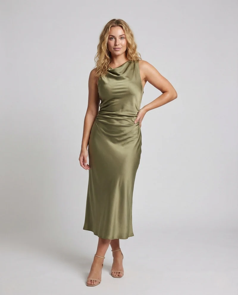Damen Satin Maxikleid Wasserfall Ausschnitt