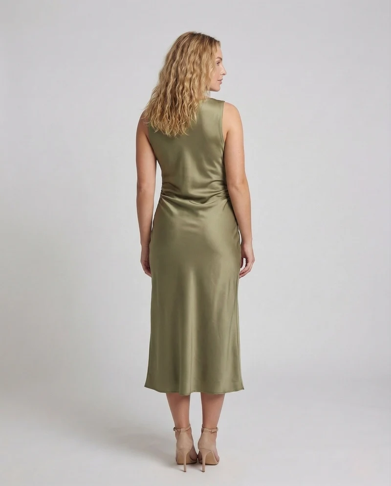 Damen Satin Maxikleid Wasserfall Ausschnitt