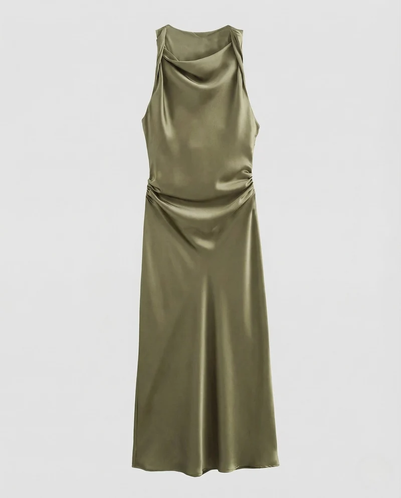Damen Satin Maxikleid Wasserfall Ausschnitt