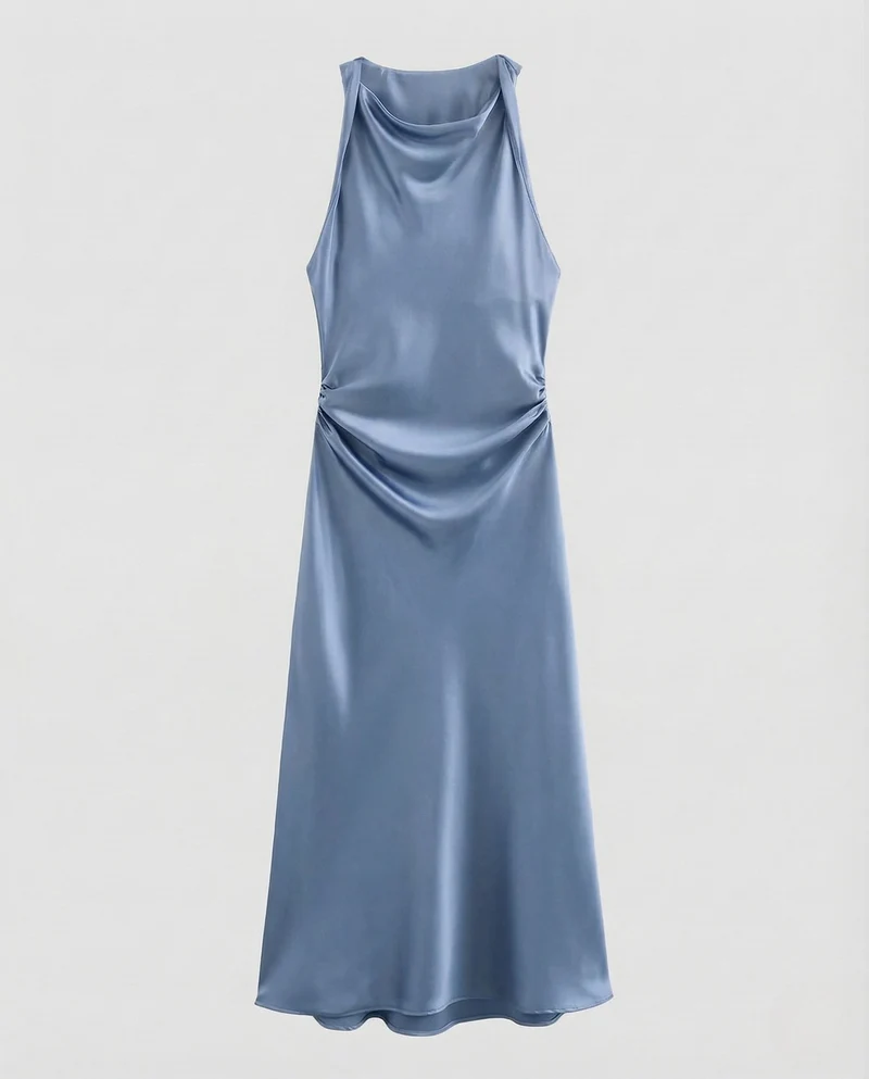 Damen Satin Maxikleid Wasserfall Ausschnitt