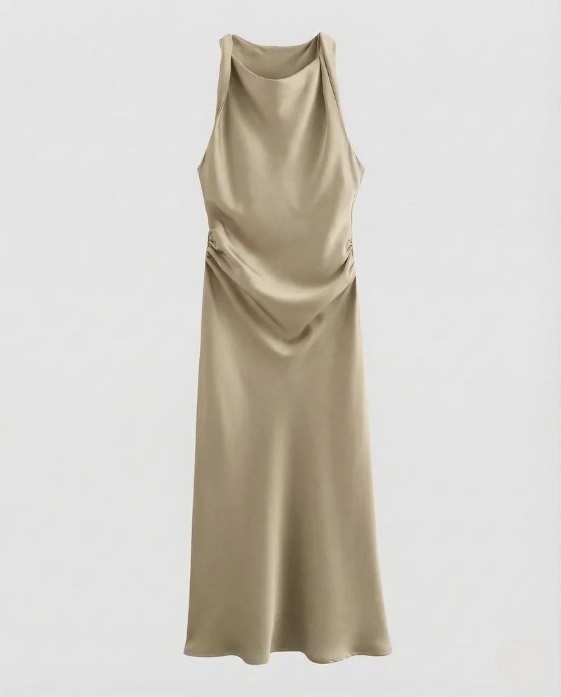 Damen Satin Maxikleid Wasserfall Ausschnitt