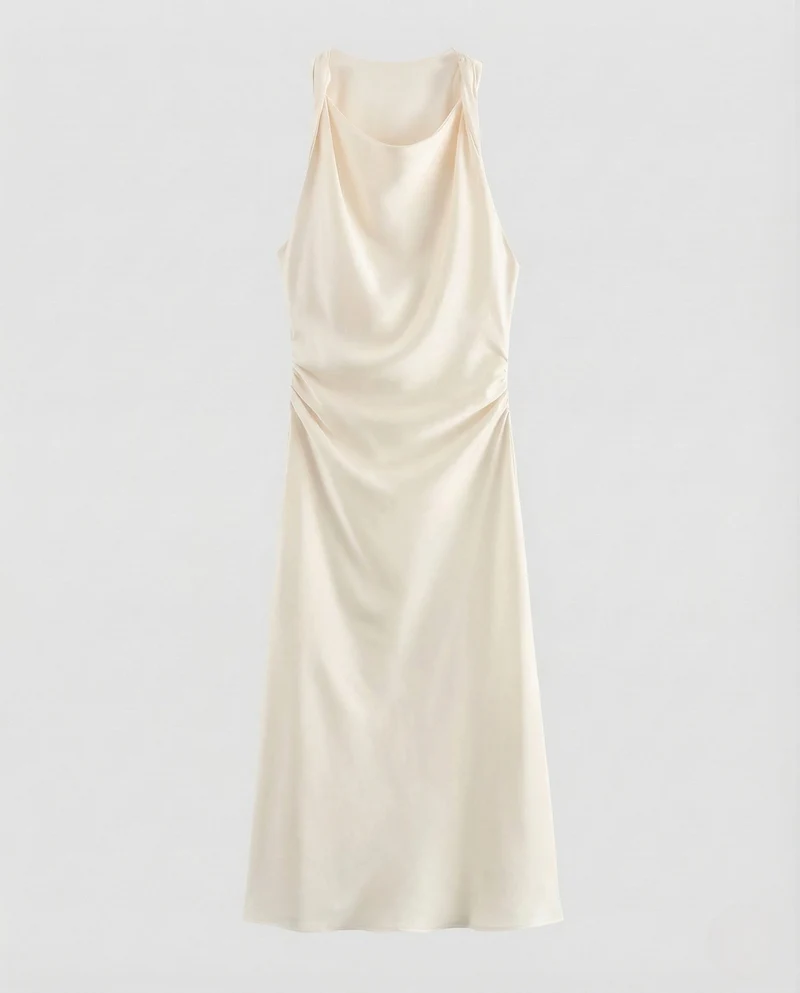 Damen Satin Maxikleid Wasserfall Ausschnitt