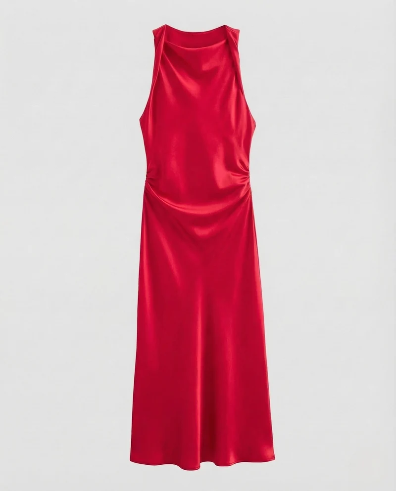 Damen Satin Maxikleid Wasserfall Ausschnitt