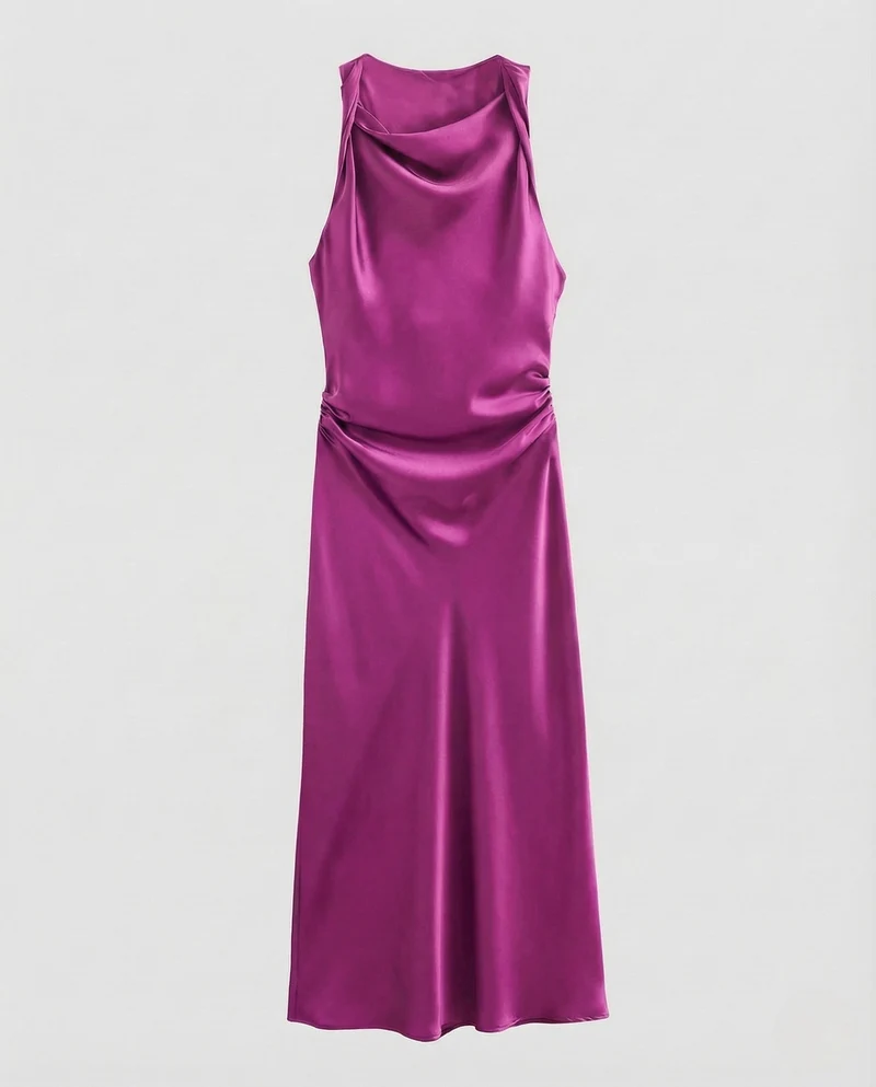 Damen Satin Maxikleid Wasserfall Ausschnitt