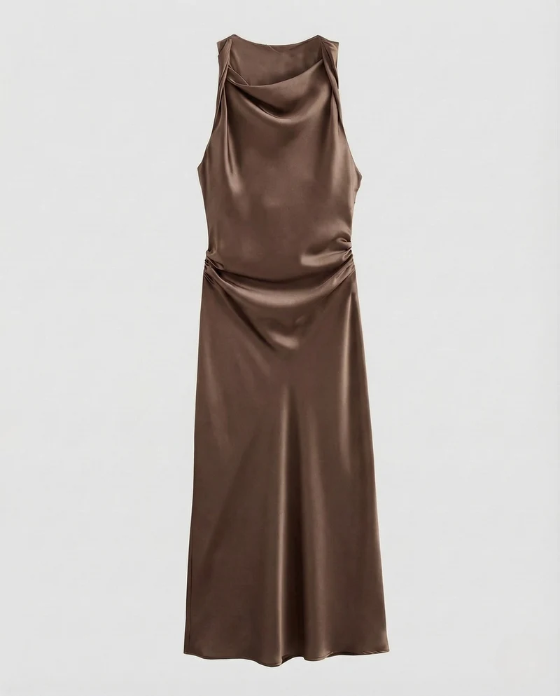Damen Satin Maxikleid Wasserfall Ausschnitt