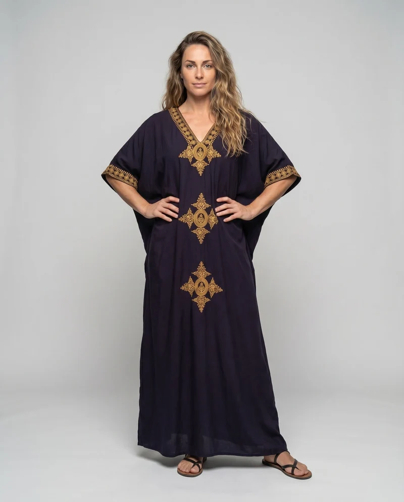 Damen Boho-Überwurfkleid Goldstickerei Kimonoärmel Bodenlang